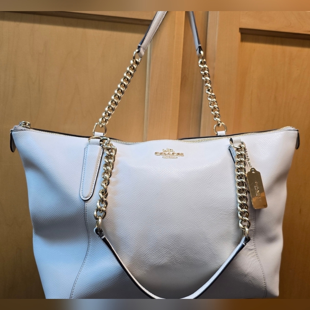 Coach White Tote with Gold Chain